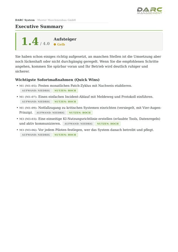 DARC System Bericht, Management-Zusammenfassung mit Score und Sofortmaßnahmen